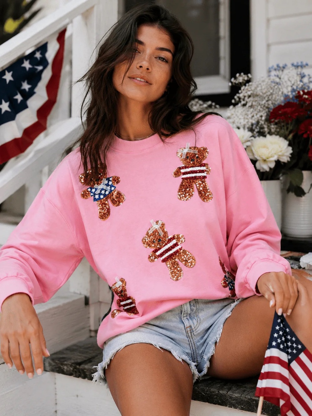 Pink Sequin Teddy Sweatshirt - Women's Casual Pullover